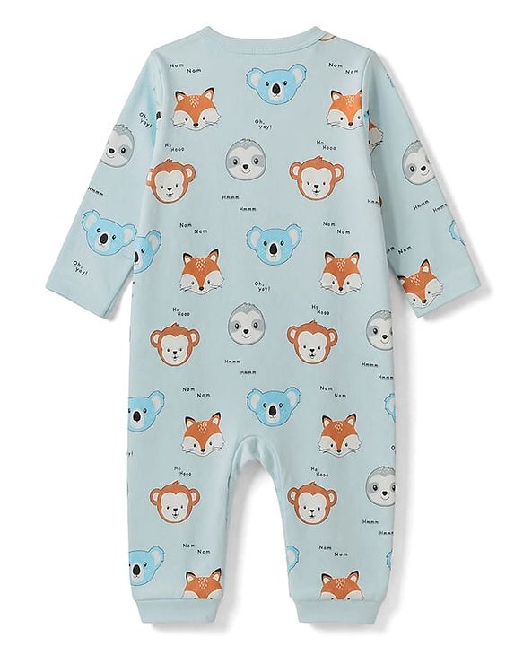 Babyhug 100% Cotton Interlock Knit Full Sleeves Striped Rompers With Animal Print Pack of 2 - Peach & Blue