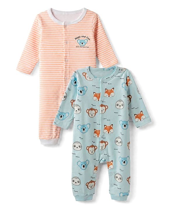 Babyhug 100% Cotton Interlock Knit Full Sleeves Striped Rompers With Animal Print Pack of 2 - Peach & Blue
