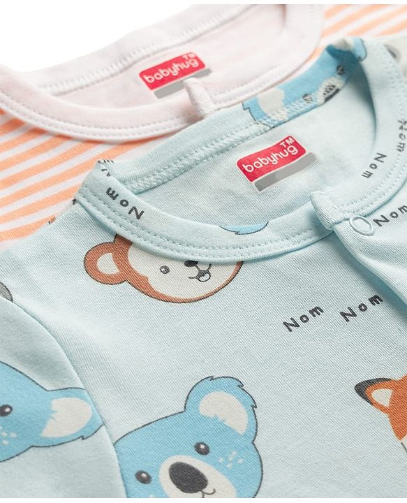 Babyhug 100% Cotton Interlock Knit Full Sleeves Striped Rompers With Animal Print Pack of 2 - Peach & Blue