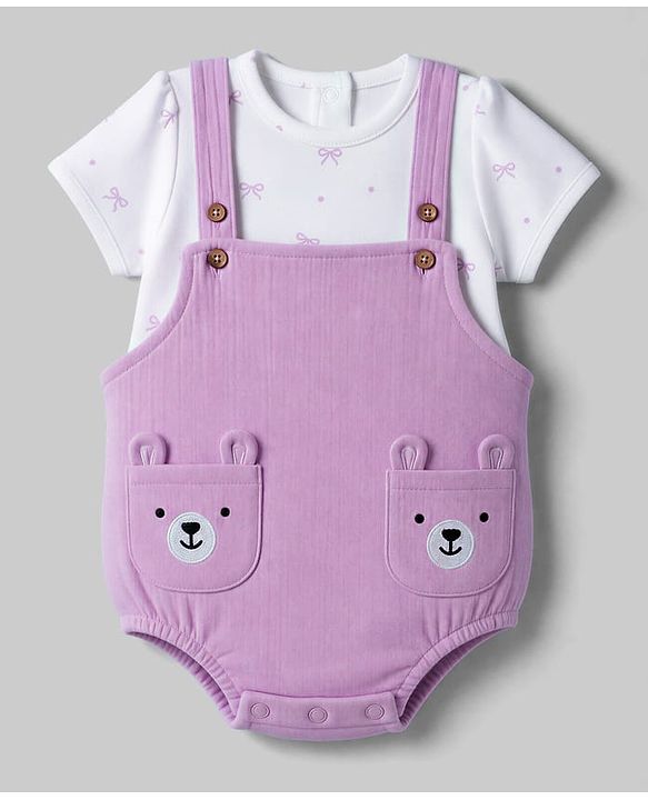 Babyhug 100% Cotton Interlock Knit Half Sleeves Onesies With Inner Tee & Bow Print - Lilac