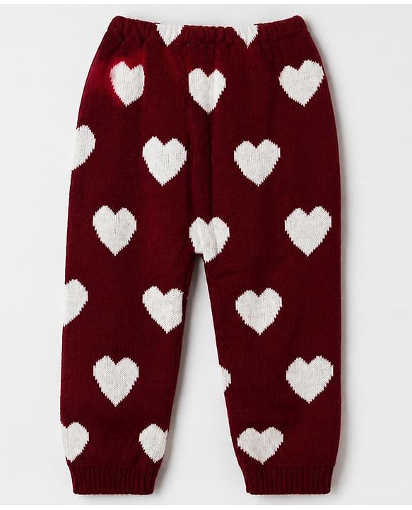 Babyhug Knit Full Length & Woollen Bottom with Hearts Print in Maroon
