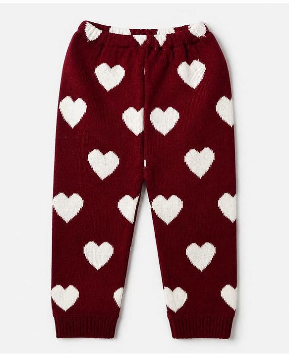 Babyhug Knit Full Length & Woollen Bottom with Hearts Print in Maroon