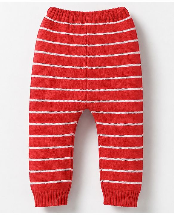Babyhug Knit Full Length Striped Fleece & Woollen Pant-Red