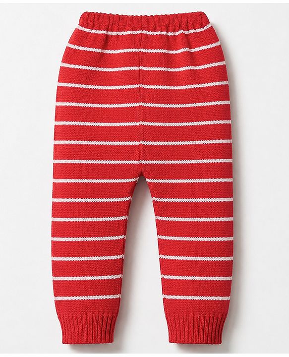 Babyhug Knit Full Length Striped Fleece & Woollen Pant-Red