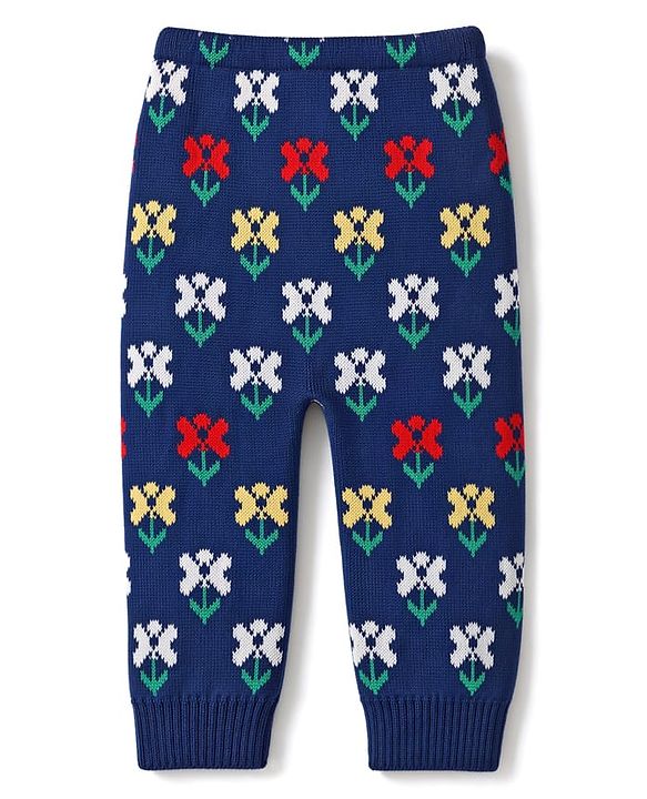 Babyhug Knit Fleece & Woollen Bottomwear With Floral Design - Navy Blue