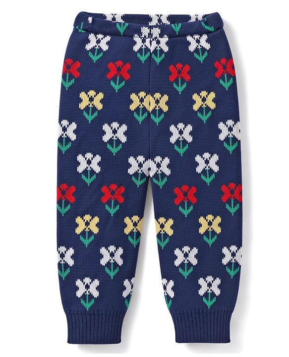 Babyhug Knit Fleece & Woollen Bottomwear With Floral Design - Navy Blue