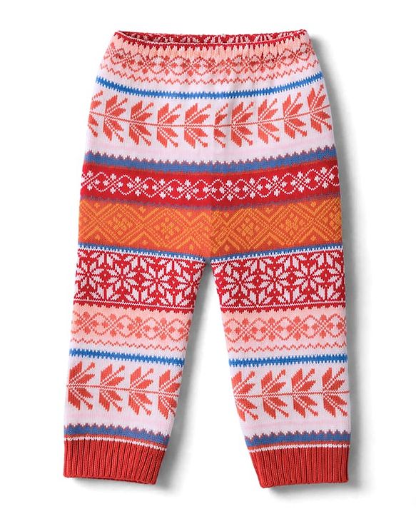 Babyhug Knit Full Length Abstract Print Fleece and Woollen Bottomwear -Red