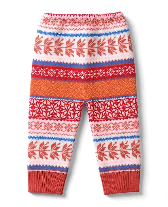 Babyhug Knit Full Length Abstract Print Fleece and Woollen Bottomwear -Red