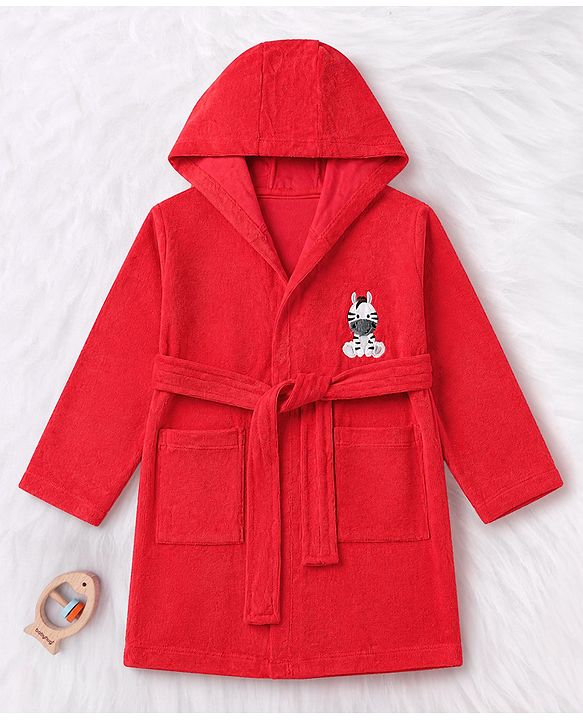 Babyhug Knit Full Sleeves Front Open Bathrobe With Zebra Embroidery - Red