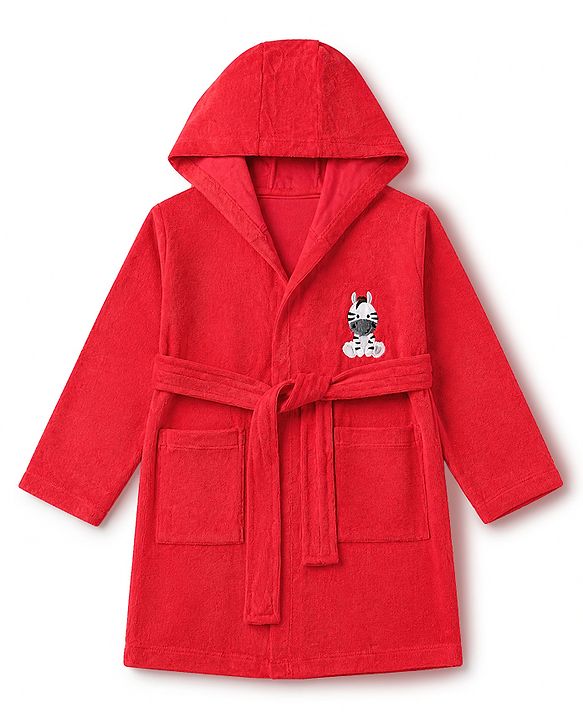 Babyhug Knit Full Sleeves Front Open Bathrobe With Zebra Embroidery - Red