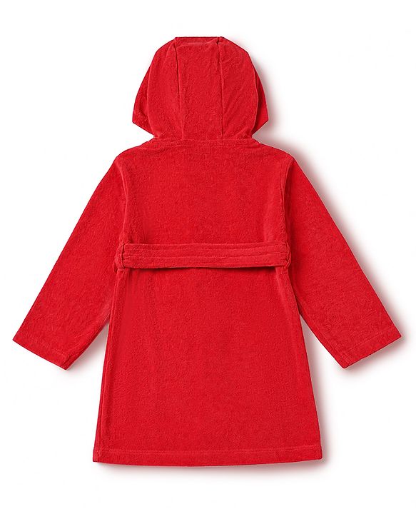 Babyhug Knit Full Sleeves Front Open Bathrobe With Zebra Embroidery - Red