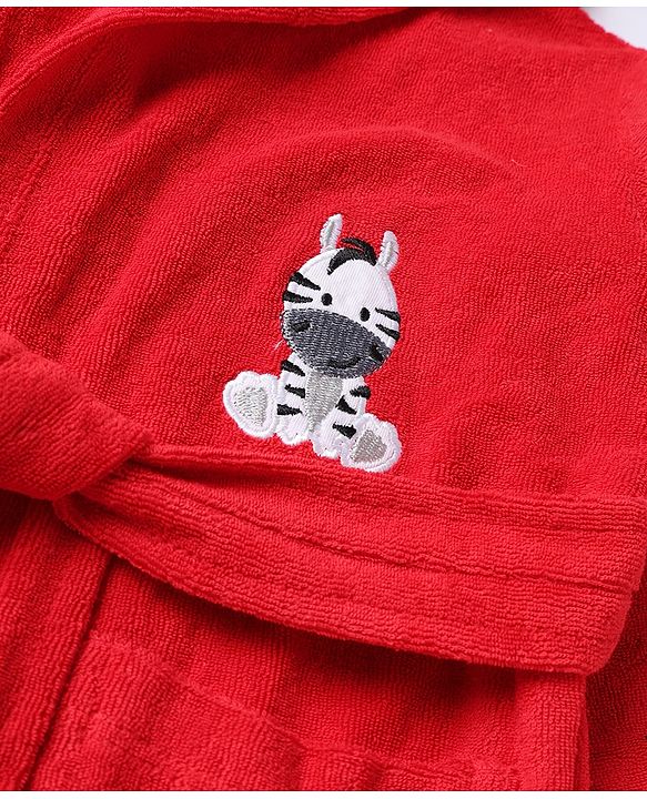 Babyhug Knit Full Sleeves Front Open Bathrobe With Zebra Embroidery - Red