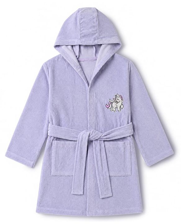 Babyhug Knit Full Sleeves Front Open Bathrobe With Unicorn Embroidery - Lavender