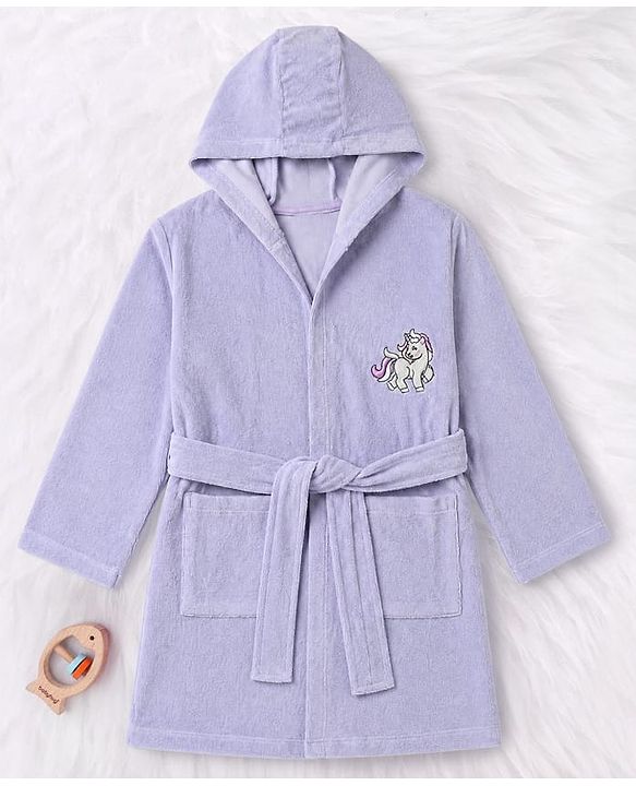 Babyhug Knit Full Sleeves Front Open Bathrobe With Unicorn Embroidery - Lavender