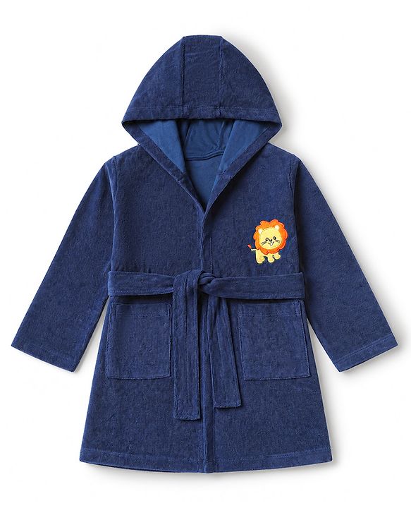 Babyhug Knit Full Sleeves Front Open Bath Robe With Lion Embroidery - Navy