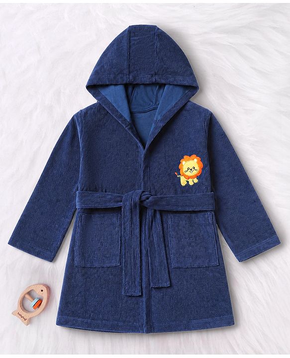 Babyhug Knit Full Sleeves Front Open Bath Robe With Lion Embroidery - Navy