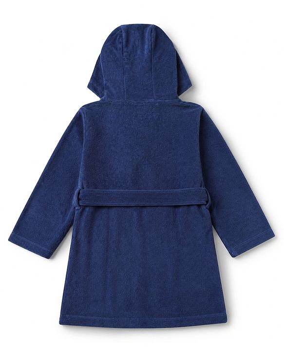 Babyhug Knit Full Sleeves Front Open Bath Robe With Lion Embroidery - Navy