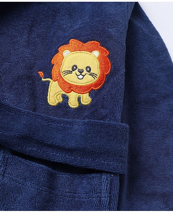 Babyhug Knit Full Sleeves Front Open Bath Robe With Lion Embroidery - Navy