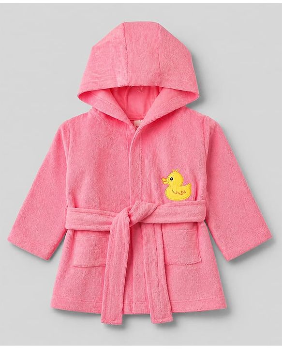 Babyhug Knit Full Sleeves Front Open Hooded Bathrobe With Duck Patch - Pink