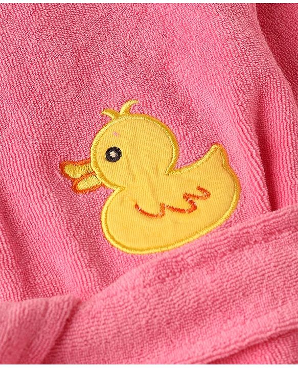 Babyhug Knit Full Sleeves Front Open Hooded Bathrobe With Duck Patch - Pink