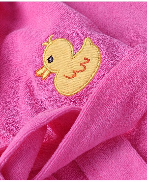 Babyhug Knit Full Sleeves Front Open Hooded Bathrobe With Duck Patch - Pink