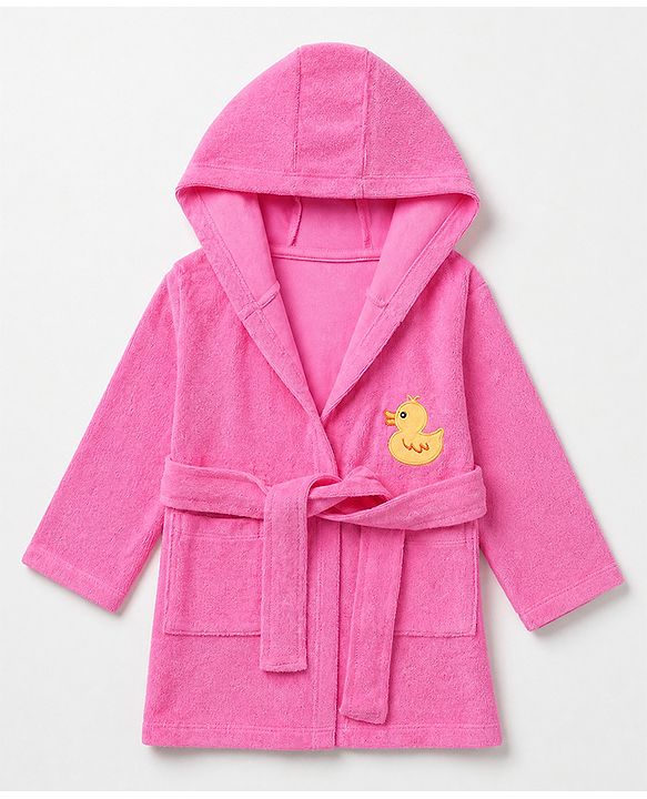 Babyhug Knit Full Sleeves Front Open Hooded Bathrobe With Duck Patch - Pink