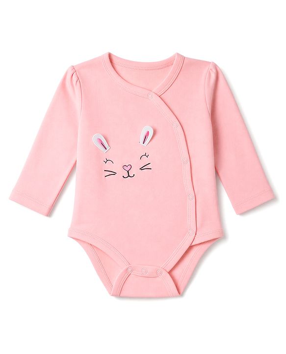 Babyhug 100% Cotton Interlock Knit Full Sleeves Bunny Applique Onesie With Leggings & Cap - Pink & Purple