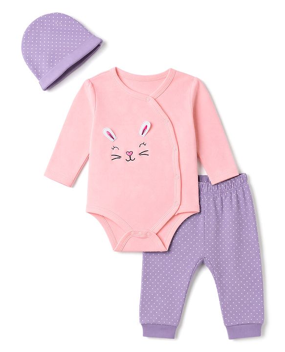 Babyhug 100% Cotton Interlock Knit Full Sleeves Bunny Applique Onesie With Leggings & Cap - Pink & Purple