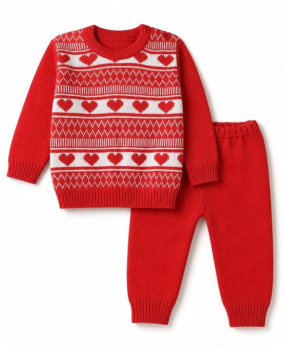 Babyhug Knit Full Sleeves Set with Heart design - Red