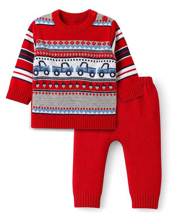 Babyhug Knit Full Sleeves Sweater Set with Truck Design - Red