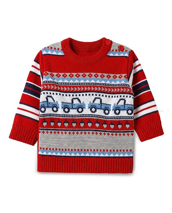 Babyhug Knit Full Sleeves Sweater Set with Truck Design - Red