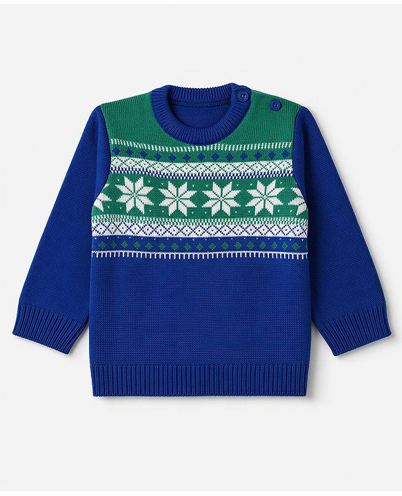 Babyhug Knit Full Sleeves Sweater Set with Floral Design - Blue