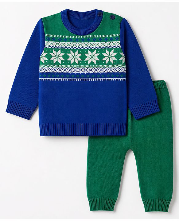 Babyhug Knit Full Sleeves Sweater Set with Floral Design - Blue