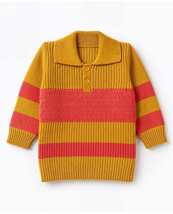 Babyhug Knit Full Sleeves Striped Sweater Set -Mustard