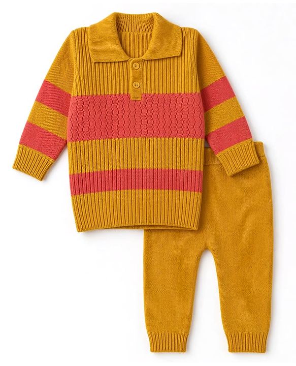 Babyhug Knit Full Sleeves Striped Sweater Set -Mustard