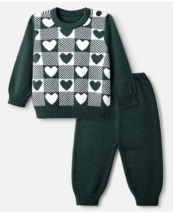 Babyhug Knit Full Sleeves Sweater Set With Heart Design - Dark Green