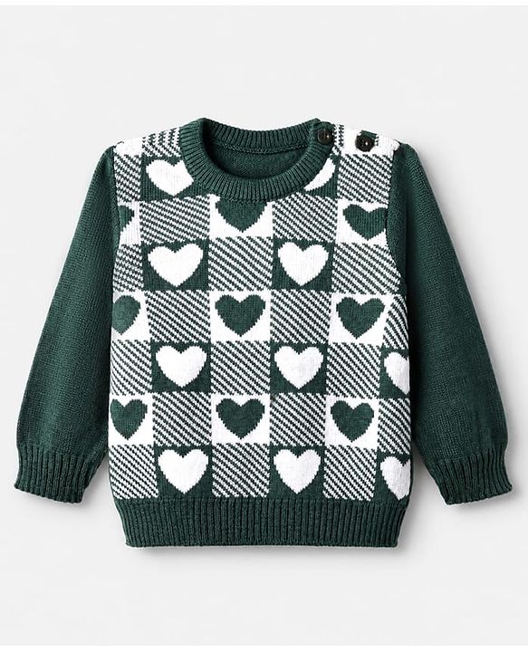 Babyhug Knit Full Sleeves Sweater Set With Heart Design - Dark Green
