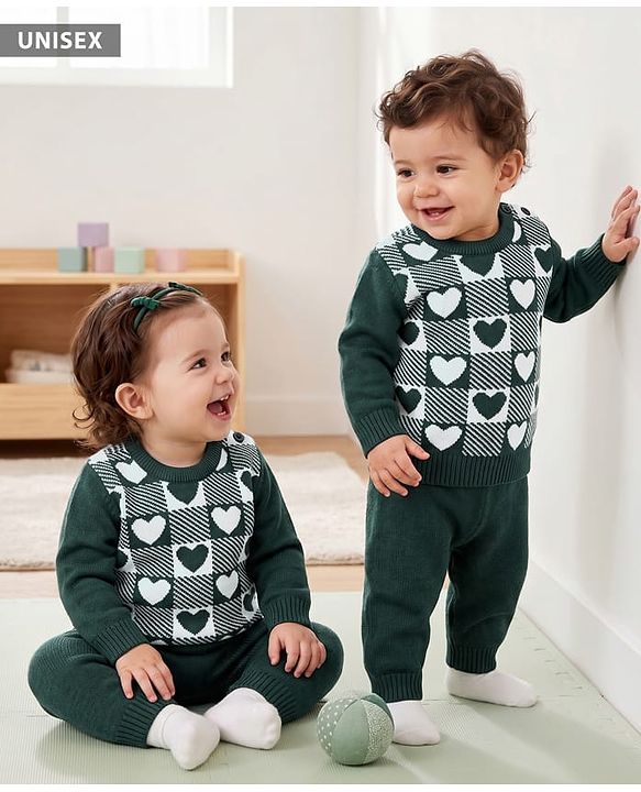 Babyhug Knit Full Sleeves Sweater Set With Heart Design - Dark Green