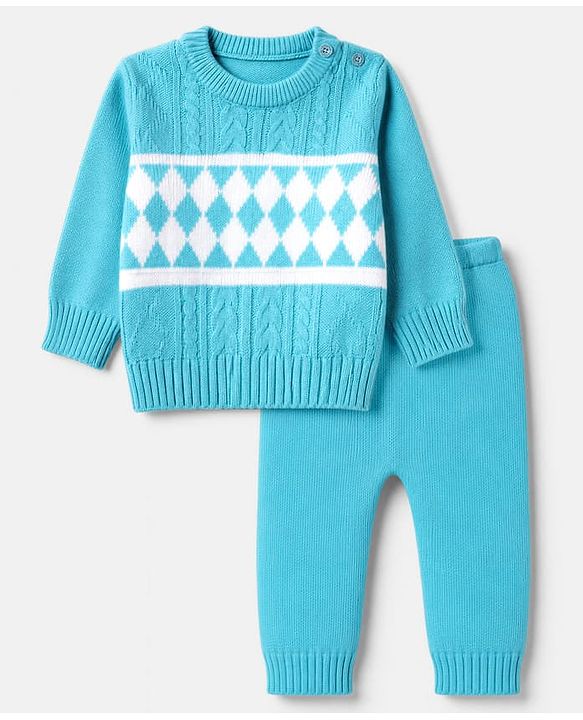 Babyhug Knit Full Sleeves Sweater Set with Cable Knit & Geometrical Design - Aqua Blue
