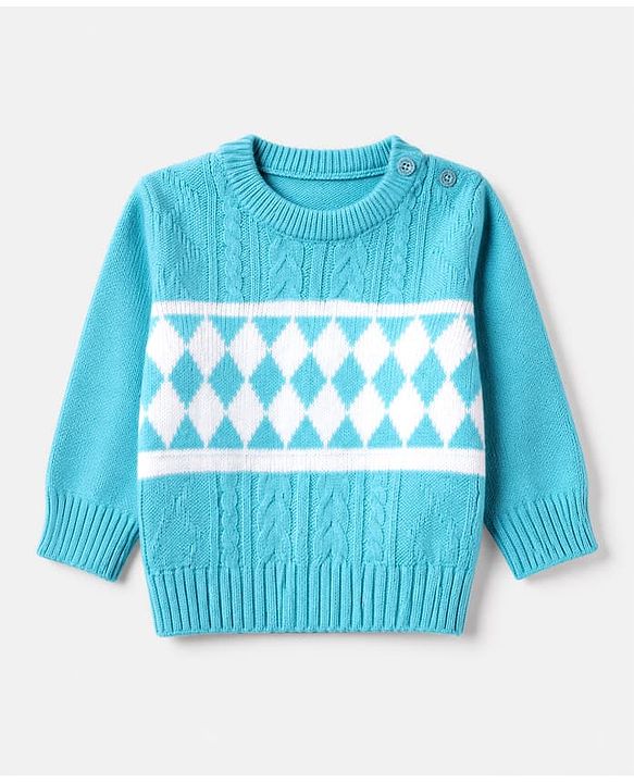 Babyhug Knit Full Sleeves Sweater Set with Cable Knit & Geometrical Design - Aqua Blue