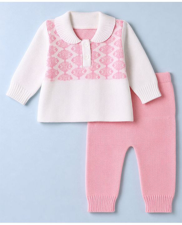 Babyhug Knit Full Sleeves Sweater Set with Abstract Design - Pink