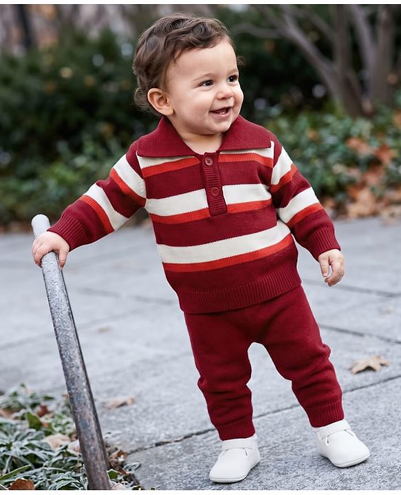 Babyhug Knit Striped Sweater Set with Full Sleeves in Maroon for 0-3 Months