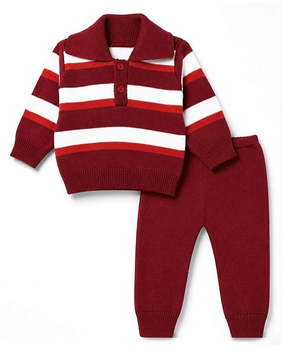 Babyhug Knit Striped Sweater Set with Full Sleeves in Maroon for 0-3 Months