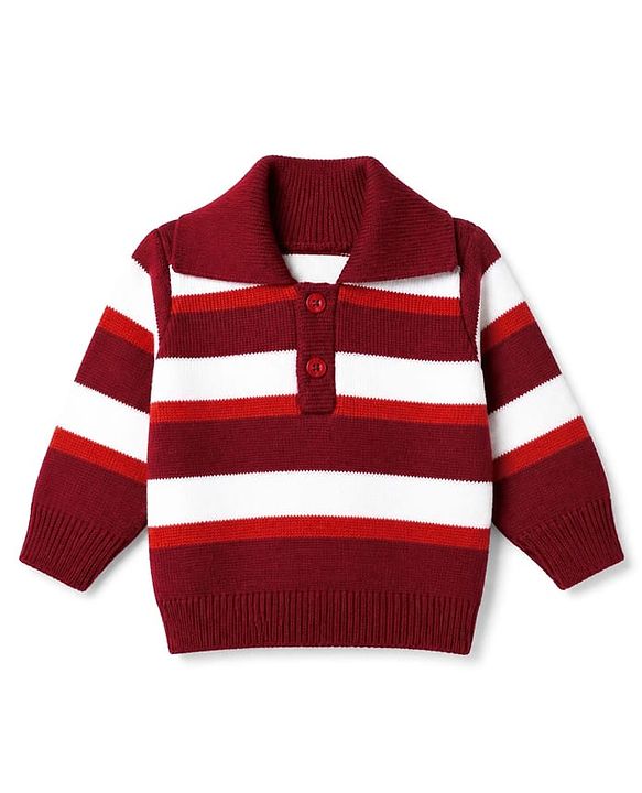 Babyhug Knit Striped Sweater Set with Full Sleeves in Maroon for 0-3 Months