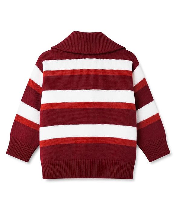 Babyhug Knit Striped Sweater Set with Full Sleeves in Maroon for 0-3 Months