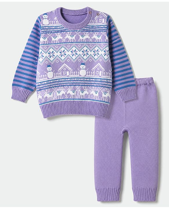 Babyhug Knit Full Sleeves Sweater Set with Abstract Design - Lavender