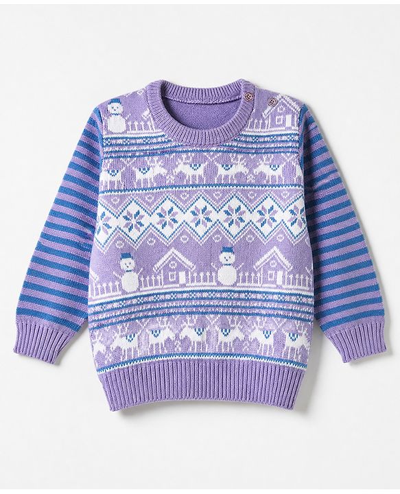 Babyhug Knit Full Sleeves Sweater Set with Abstract Design - Lavender