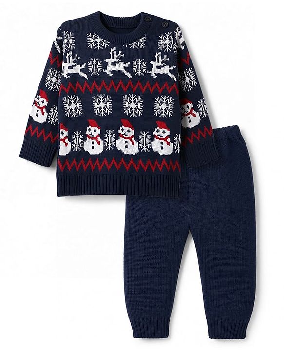 Babyhug Knit Full Sleeves Sweater Set with Snow-Man & Snow Deer Design - Navy Blue