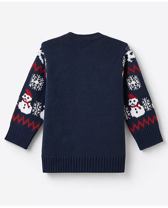 Babyhug Knit Full Sleeves Sweater Set with Snow-Man & Snow Deer Design - Navy Blue