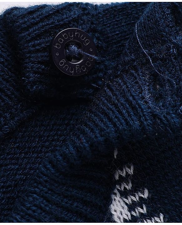 Babyhug Knit Full Sleeves Sweater Set with Snow-Man & Snow Deer Design - Navy Blue
